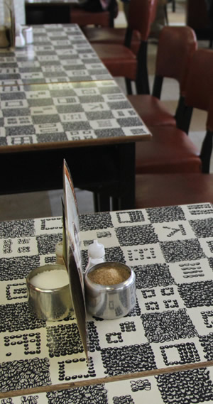 The Kardomah dining room, mosaic columns and Formica tables